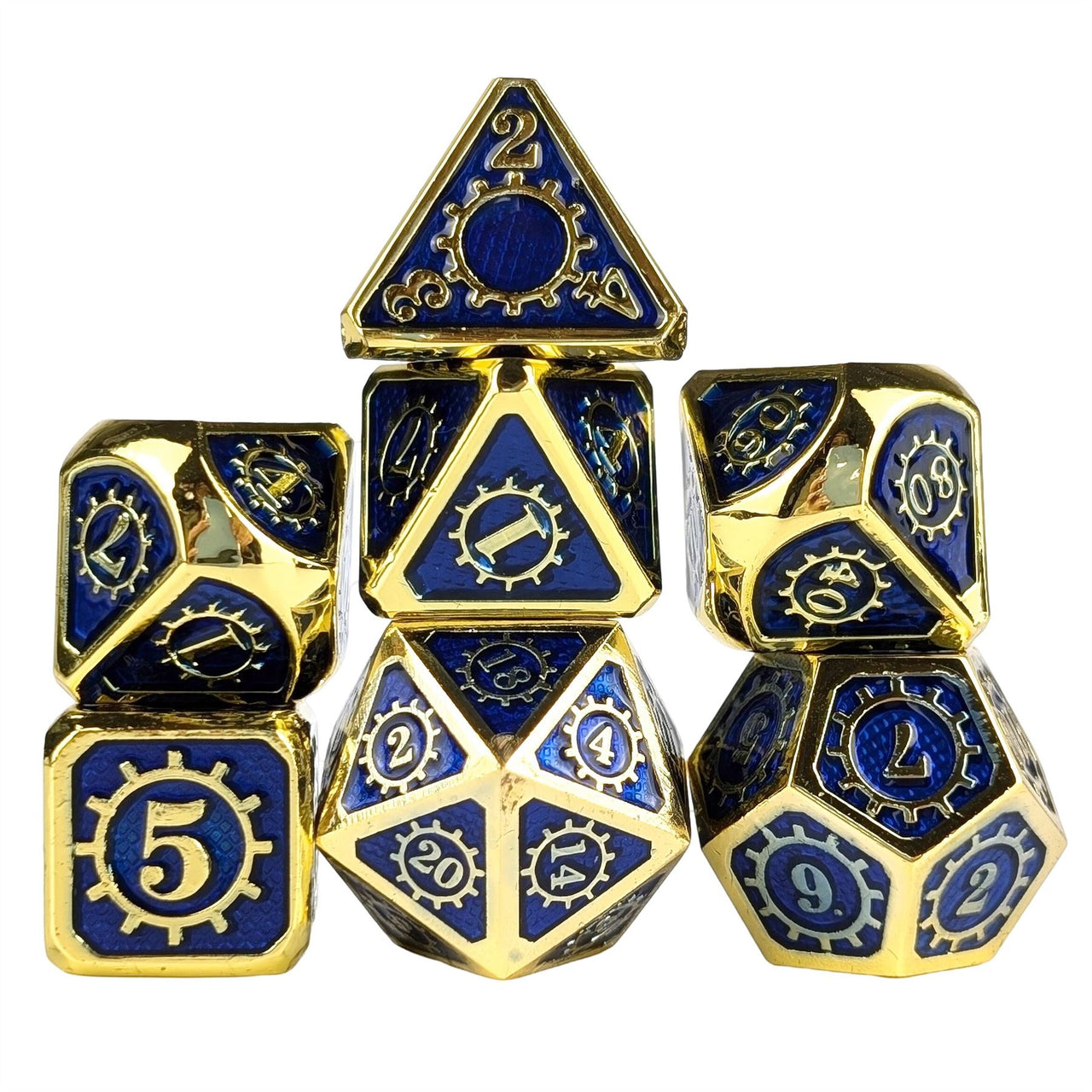 Gear in Blue Enamel Gold Metal - 7pcs RPG Dice Set