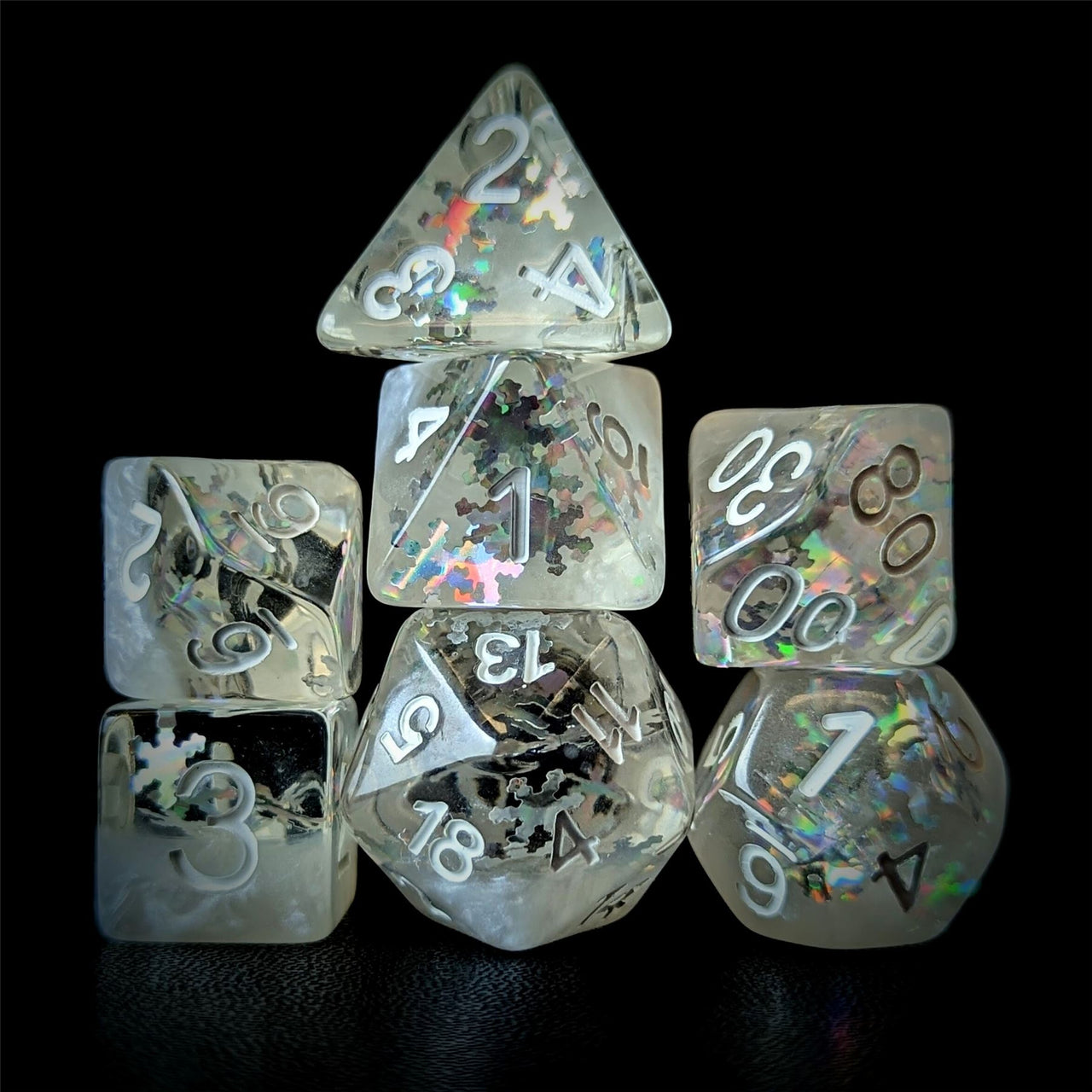 Snowflakes in Clear & White Resin - 7pcs RPG Full Dice Set