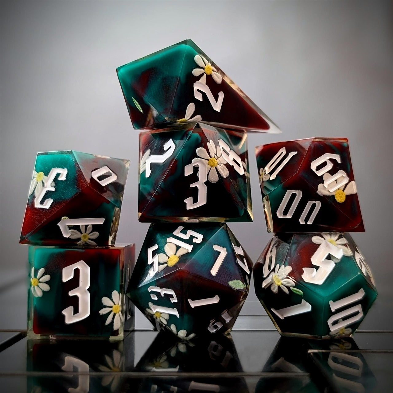 White Flower in Red & Green Filled Sharp Resin - 7pcs RPG Dice Set