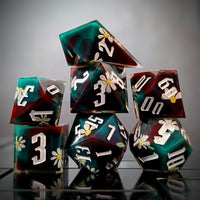 Thumbnail for White Flower in Red & Green Filled Sharp Resin - 7pcs RPG Dice Set
