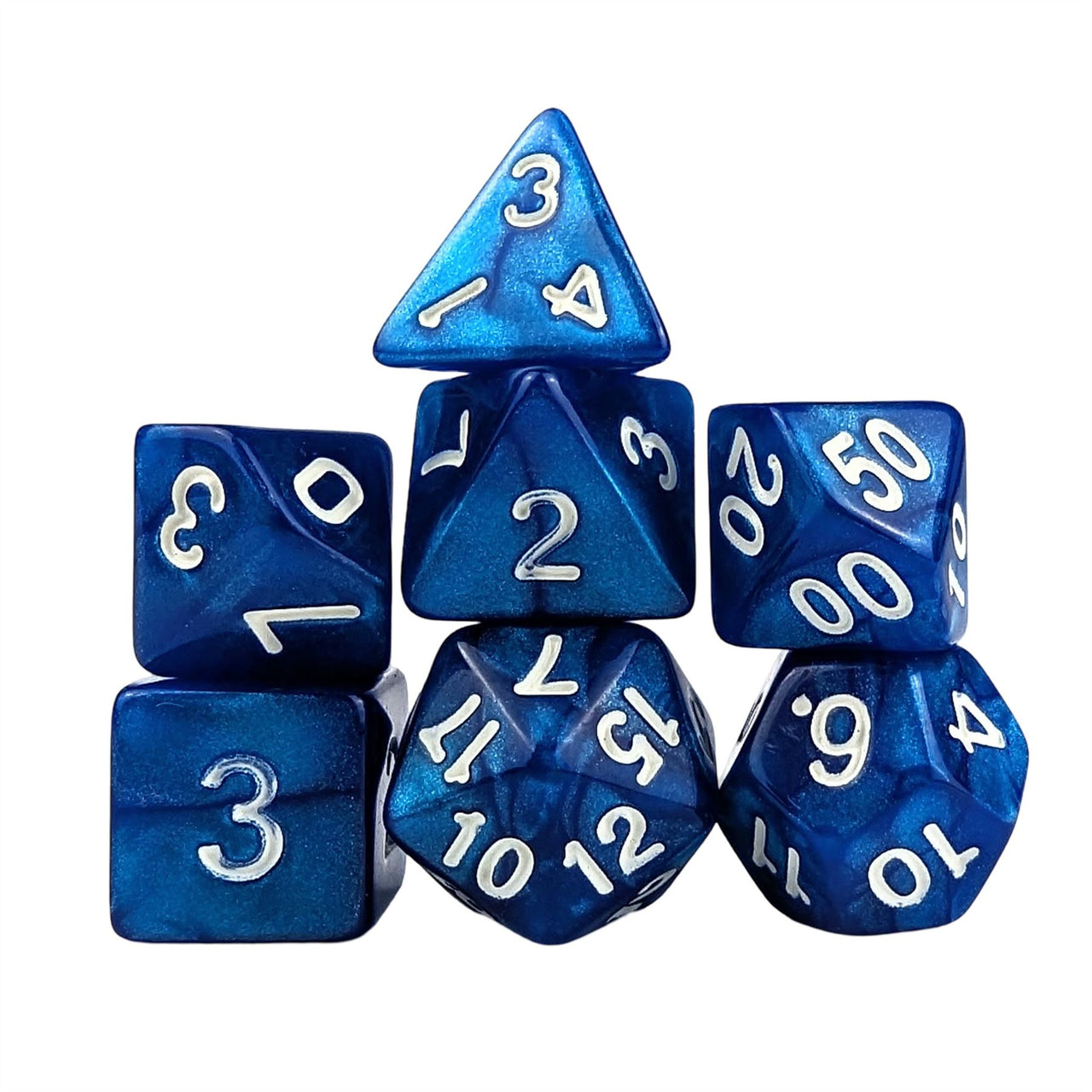 Glitter in Blue Acrylic - 7pcs RPG Full Dice Set White Stack