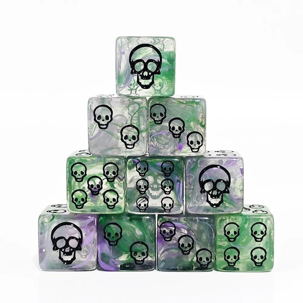 6pcs D6 16mm Dice Acrylic Swirl Skull Pip Black Font Clear Purple Green