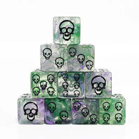 Thumbnail for 6pcs D6 16mm Dice Acrylic Swirl Skull Pip Black Font Clear Purple Green