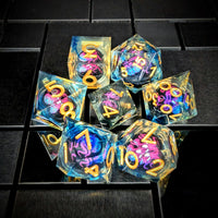 Thumbnail for 7pcs Dice Sharp Filled Liquid Gold Font Octopus Blue Clear