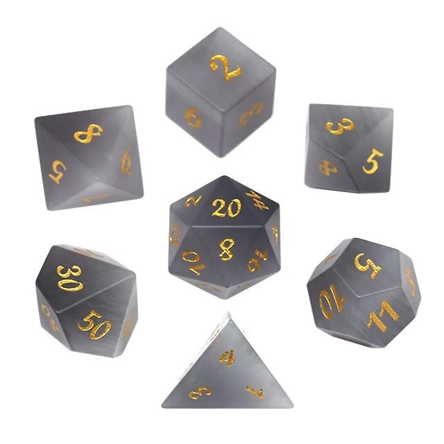 Frosted Grey Cat Eye Gemstone - 7pcs RPG Dice Set