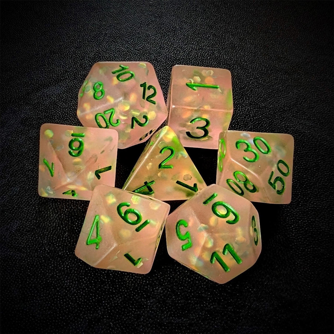 Confetti in Frosted Pink Resin - 7pcs RPG Full Dice Set