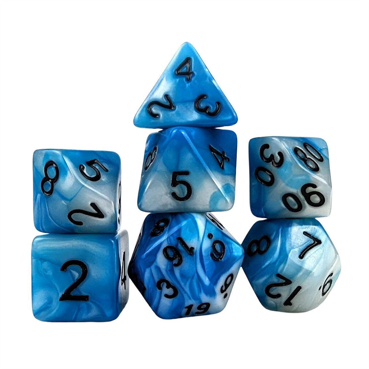 Blend of White & Blue Acrylic - 7pcs RPG Full Dice Set White Stack