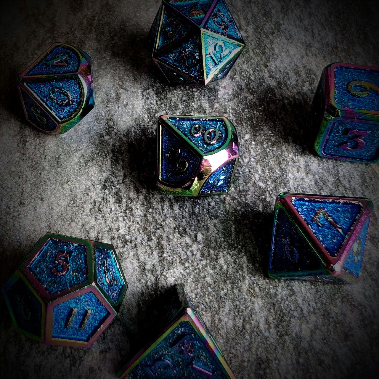 Glitter Blue Enamel in Rainbow Metal - 7pcs RPG Dice Set