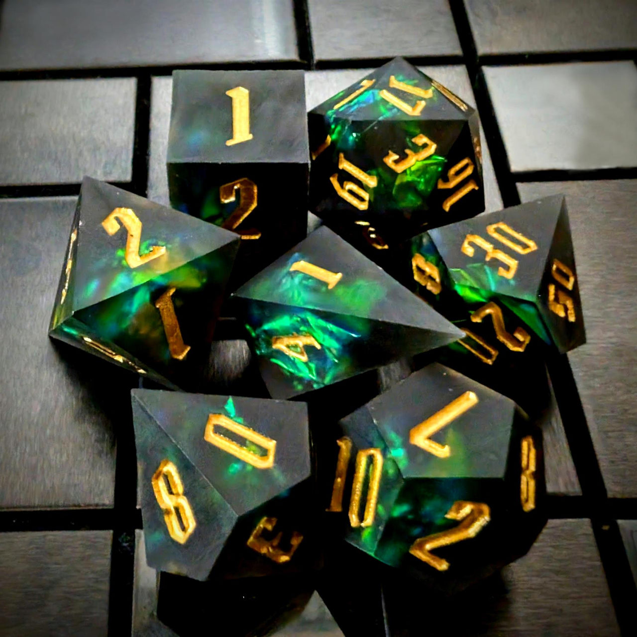 Green Candy in Frosted Black Sharp Resin - 7pcs RPG Dice Set