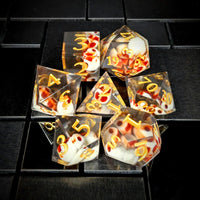 Thumbnail for 7pcs Dice Sharp Filled Skull Gold Font Black