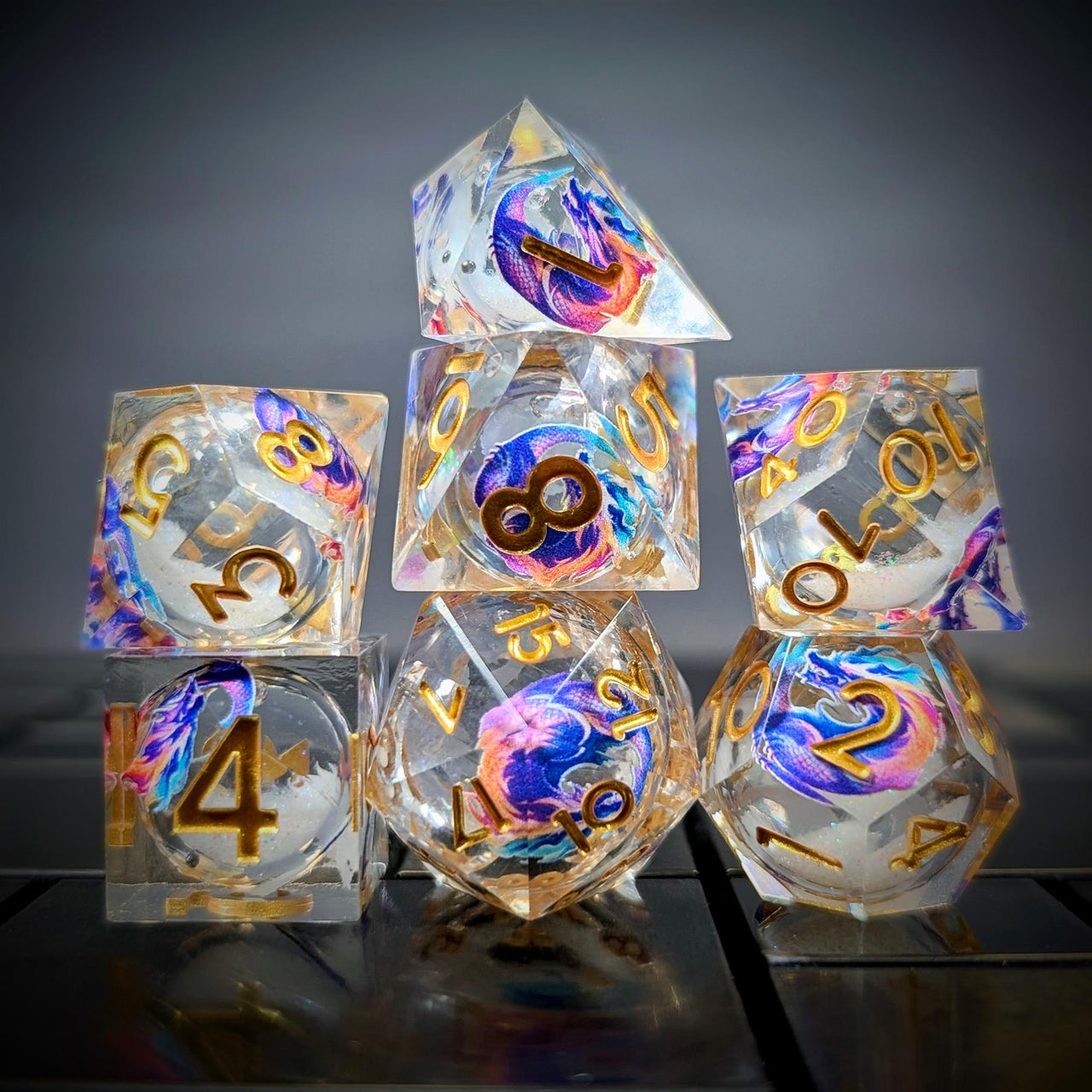 7pcs Dice Sharp Filled Liquid Gold Font Circle Dragon Clear