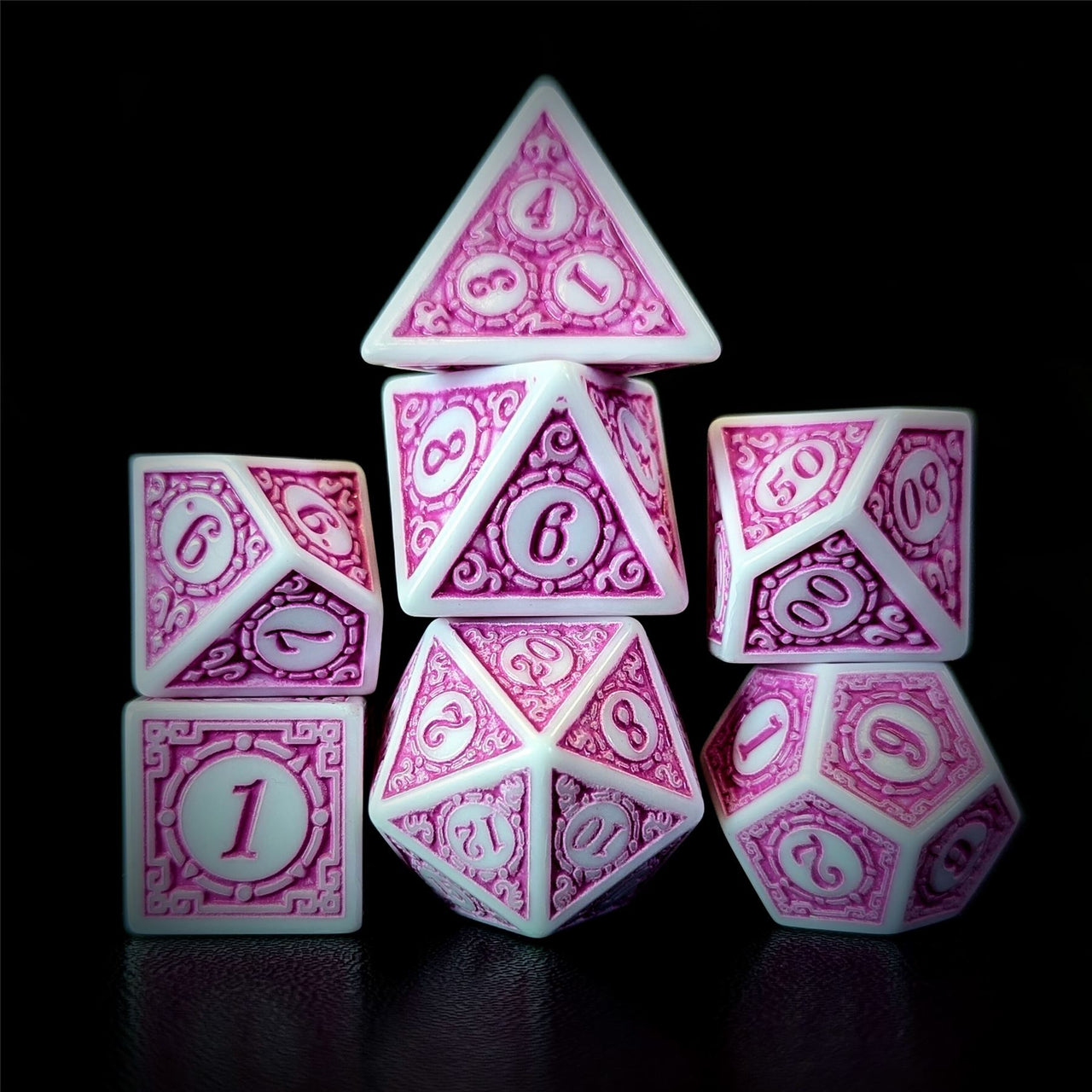 Pink Lattice on White Acrylic - 7pcs RPG Full Dice Set