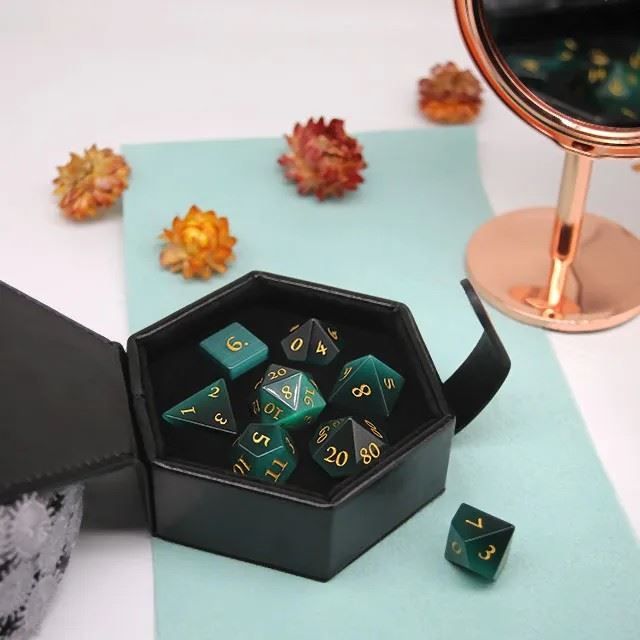 Green Cat Eye Gemstone - 7pcs RPG Dice Set