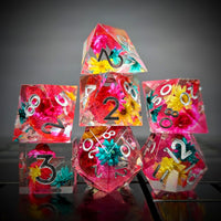 Thumbnail for 7pcs Dice Sharp Filled Flower Silver Font Clear Pink