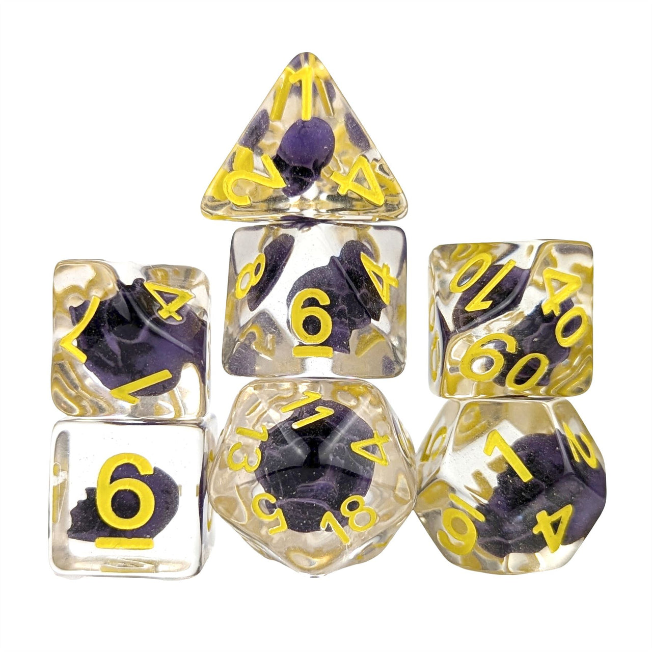 Purple Skull in Clear Resin - 7pcs RPG Full Dice Set