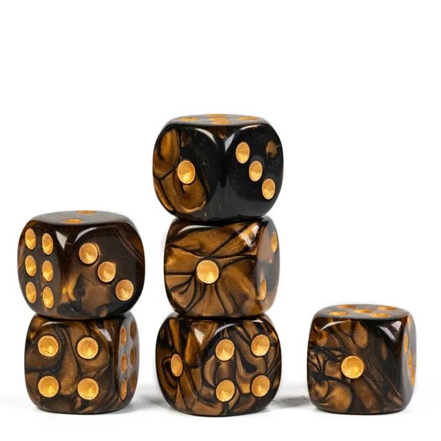 16mm Gold & Black Acrylic  - 6pcs D6 RPG Dice Set