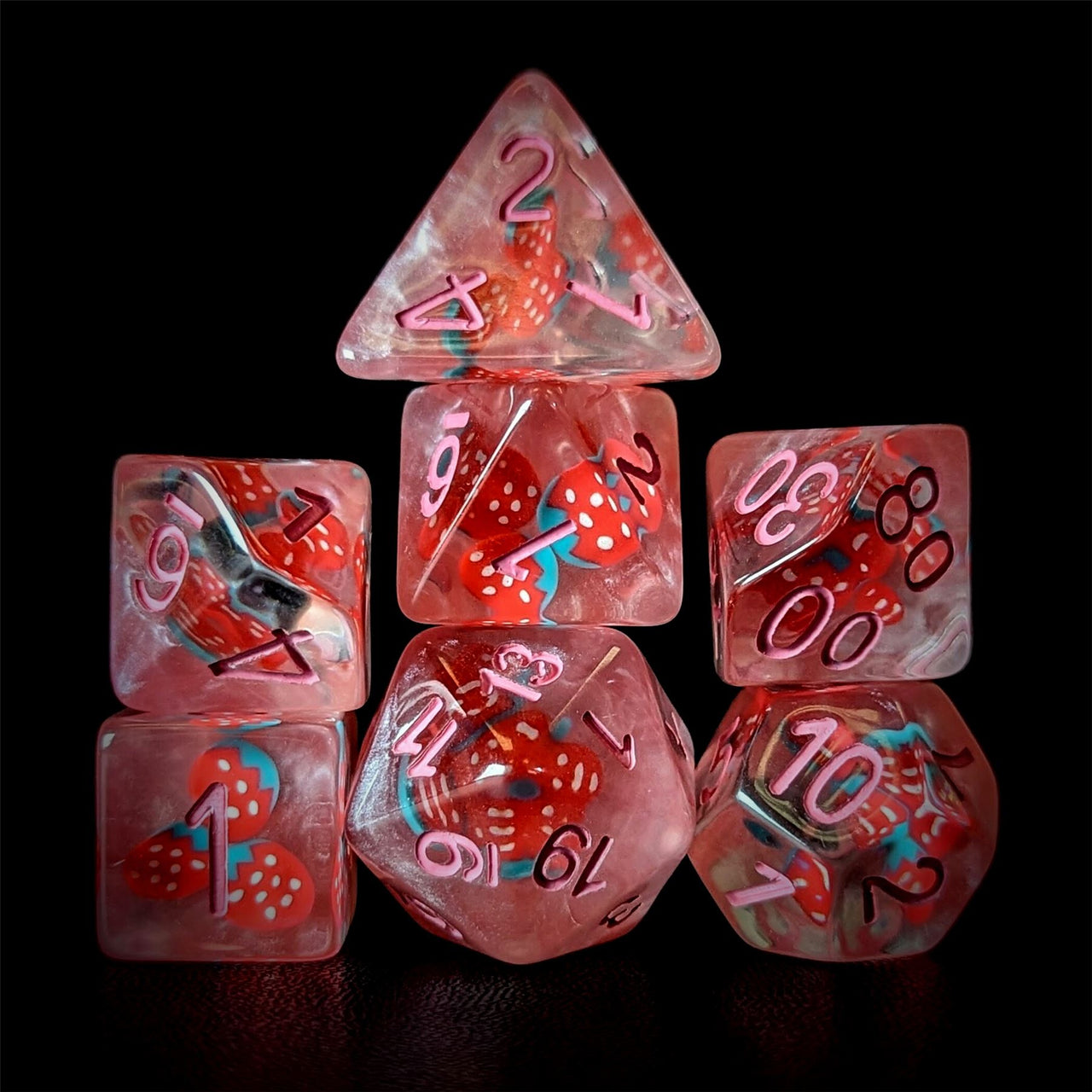 Strawberry in Clear & Pink Resin - 7pcs RPG Full Dice Set