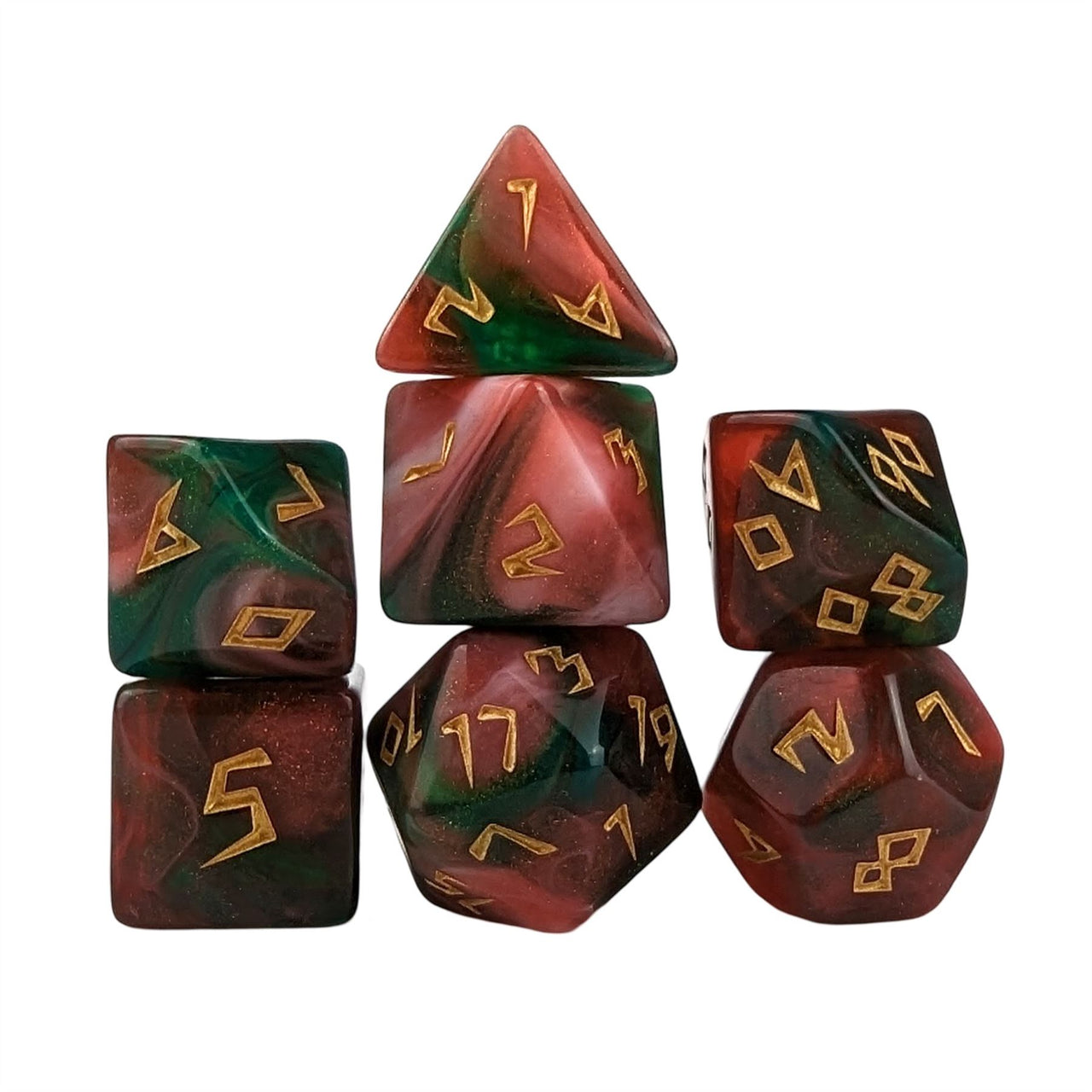 Glitter in Green & Red Acrylic - 7pcs RPG Full Dice Set White Stack