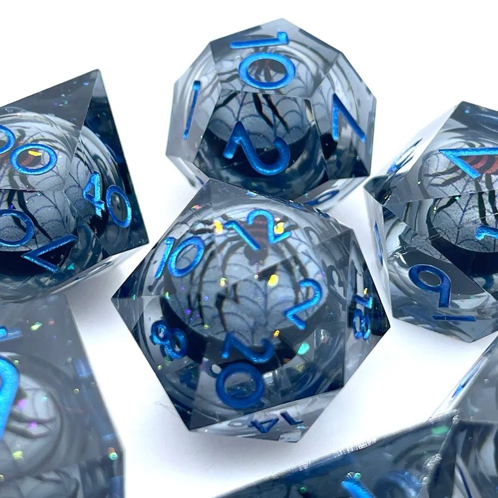 Spider Ball in Clear & Black Filled Sharp Resin - 7pcs RPG Dice Set