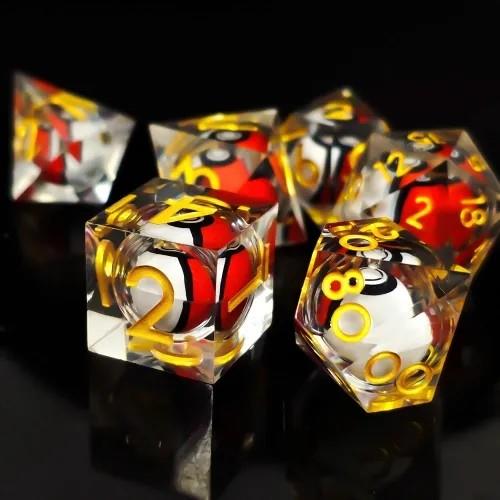 7pcs Dice Sharp Filled Liquid Pokemon Gold Font Red Clear