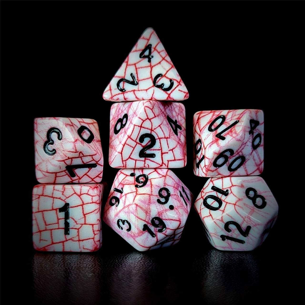 Cracked Red on White Acrylic - 7pcs RPG Full Dice Set Dark Stack