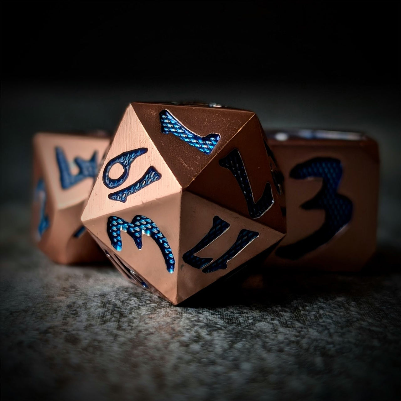 Blue Font in Copper Metal - 7pcs RPG Dice Set