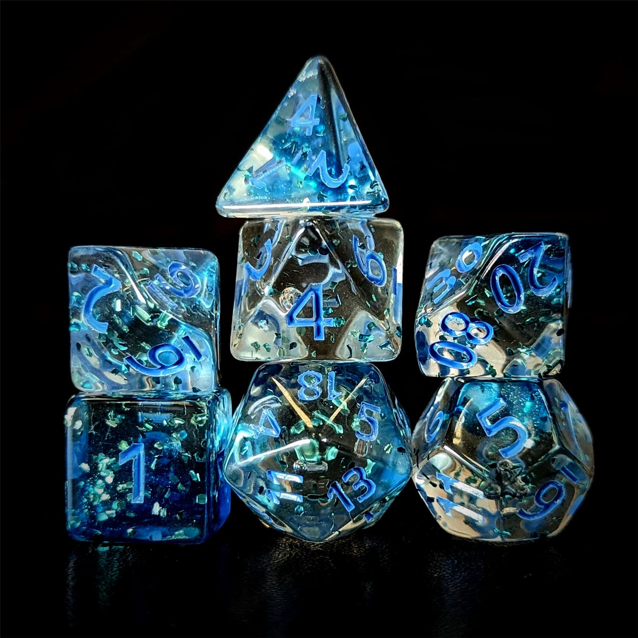 Glitter in Clear Blue Acrylic - 7pcs RPG Full Dice Set Dark Stack