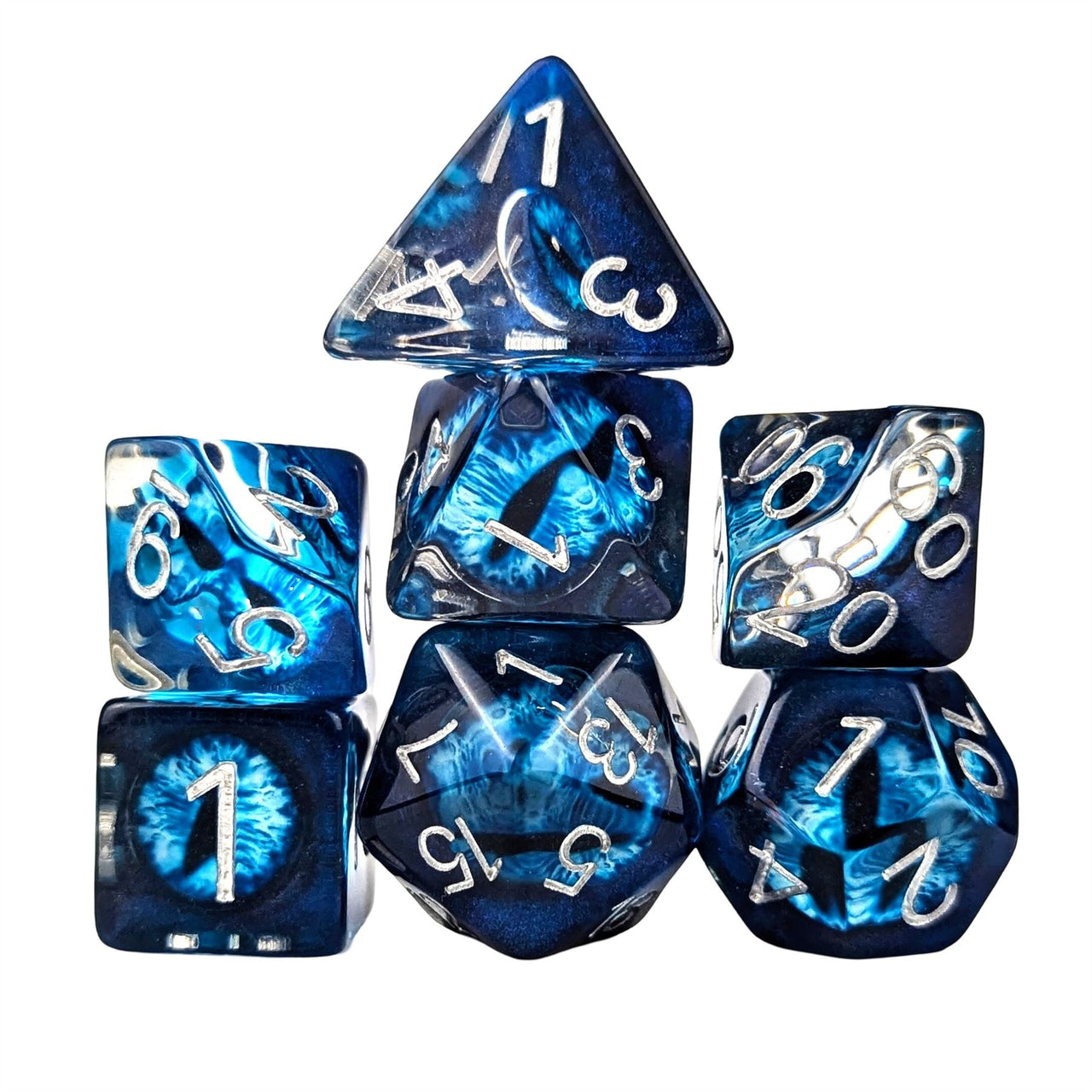 Demon Eye in Clear & Royal Blue Resin - 7pcs RPG Full Dice Set