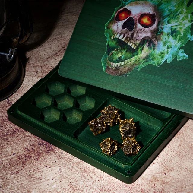 Green Skull on Bamboo Wood - Magnetic Dice Storage