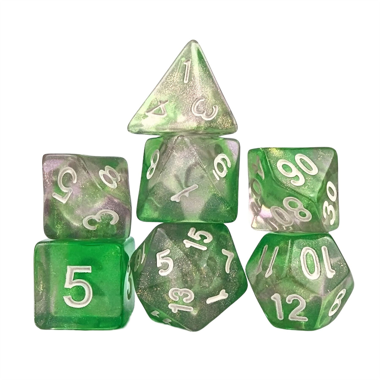 Glitter in Pink & Green in Clear Acrylic - 7pcs RPG Full Dice Set White Stack