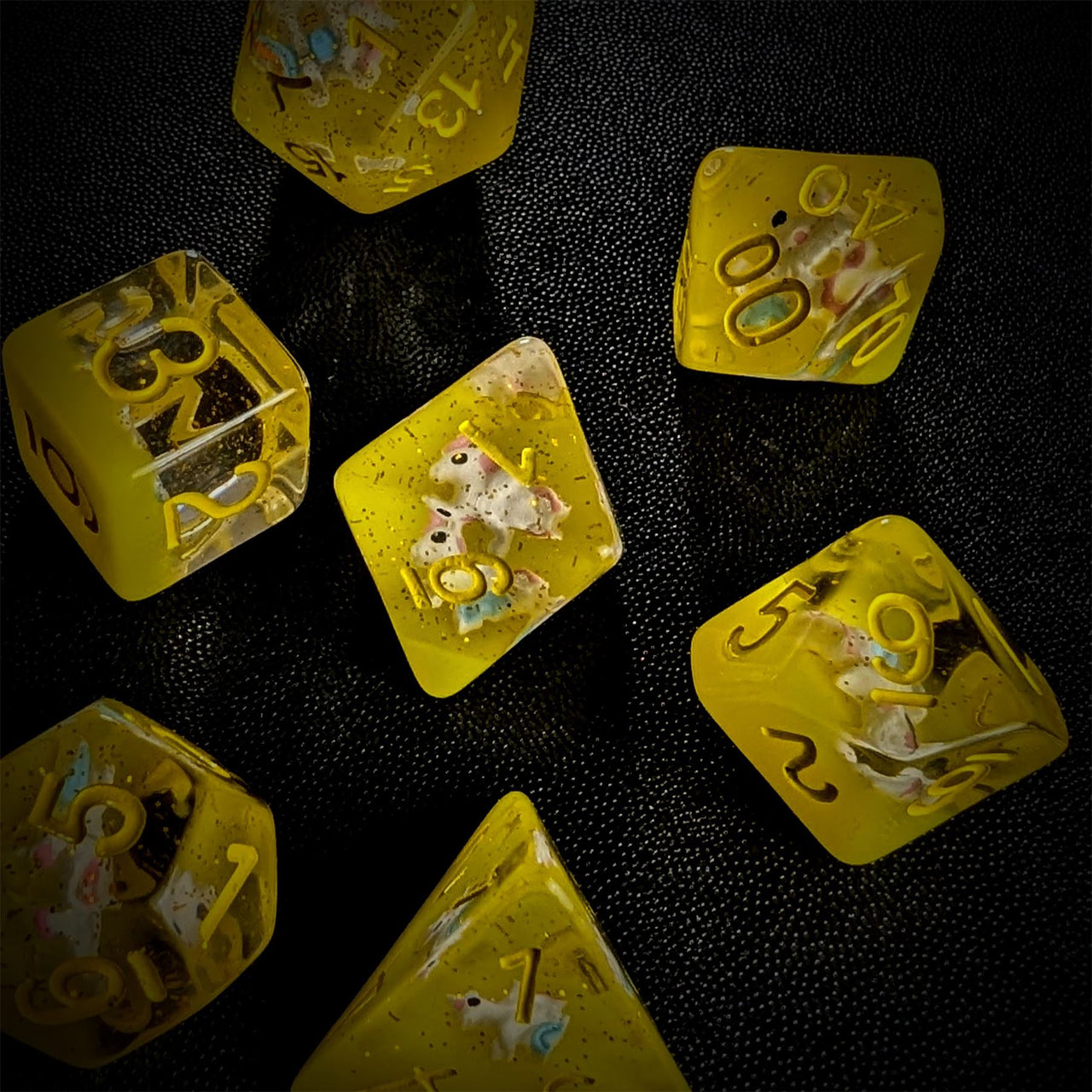 Unicorn in Clear & Yellow Resin - 7pcs RPG Full Dice Set