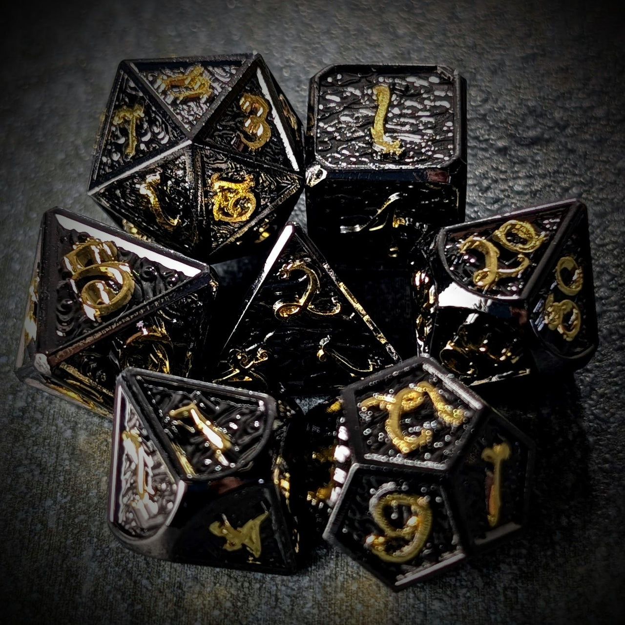 Black Metal with Gold Dragon Font - 7pcs RPG Dice Set