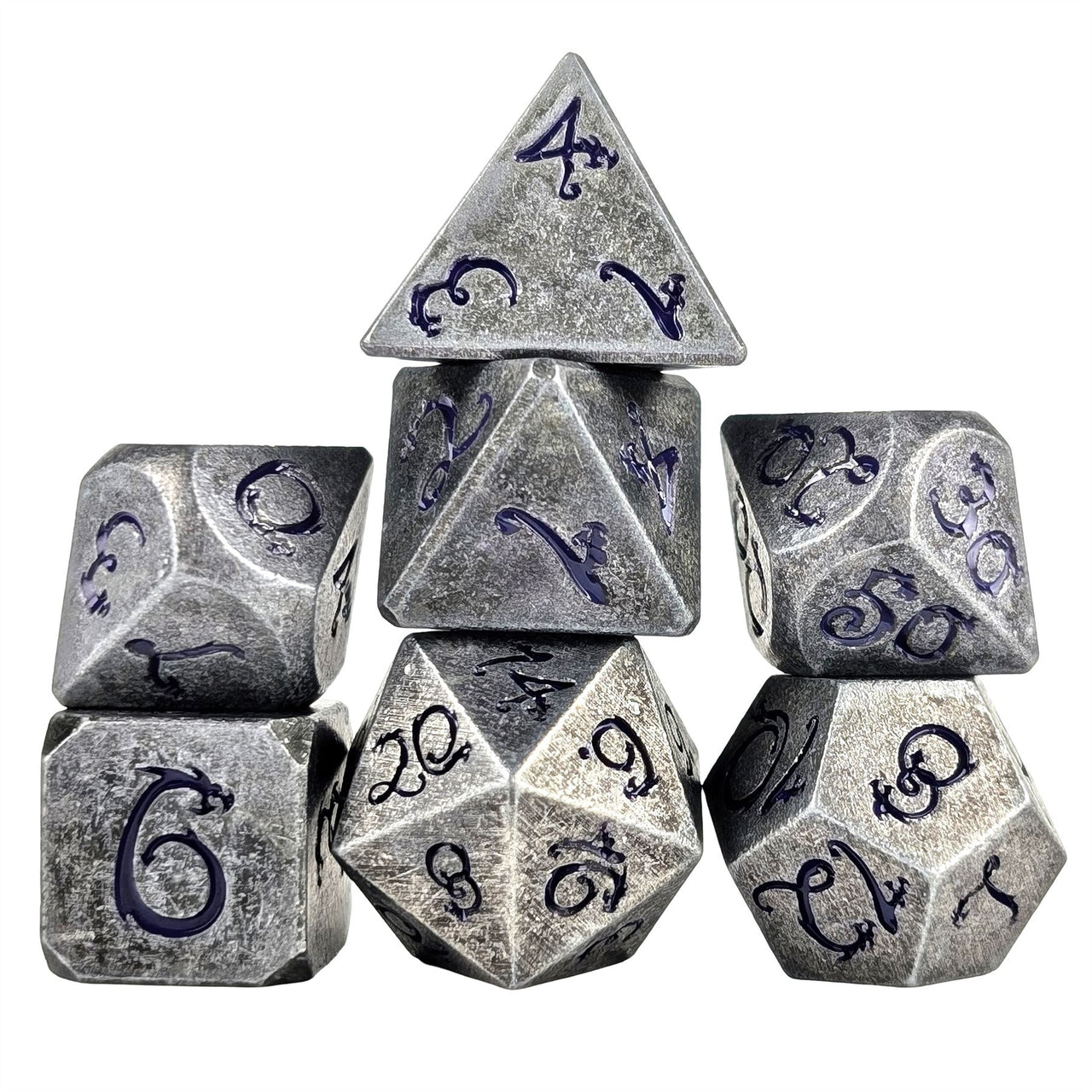 Silver Metal with Purple Dragon Font - 7pcs RPG Dice Set