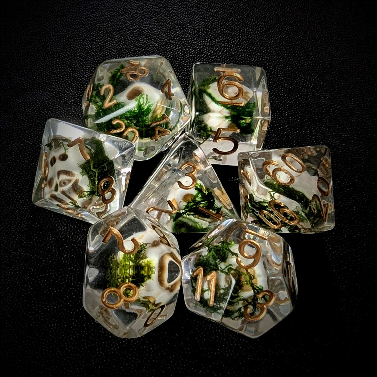 Skull in Moss Clear Resin - 7pcs RPG Full Dice Set