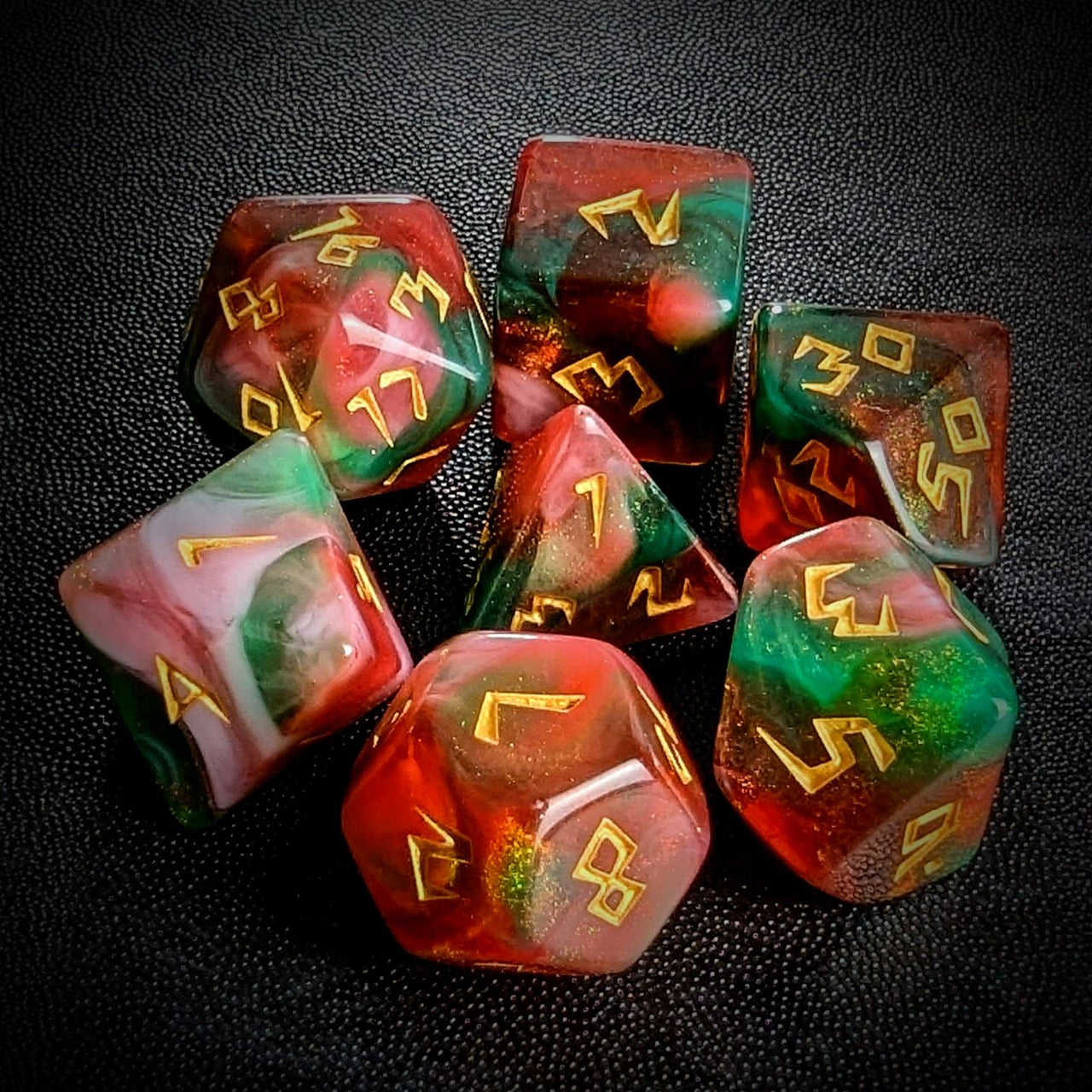 Glitter in Green & Red Acrylic - 7pcs RPG Full Dice Set Top