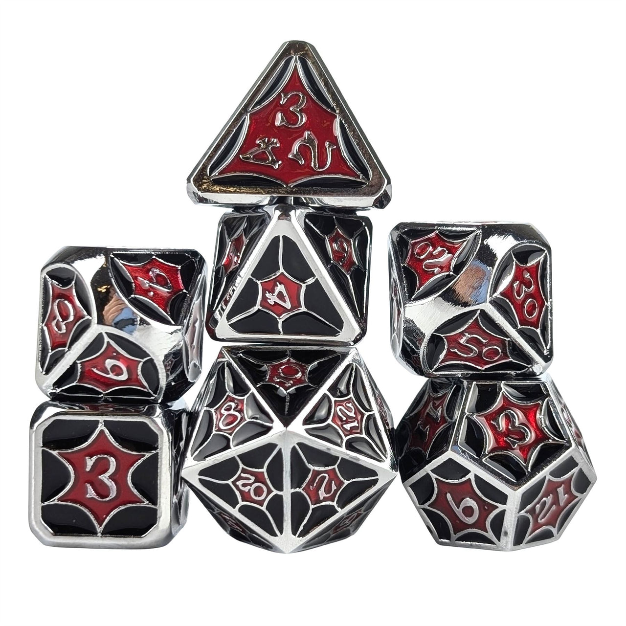 Red & Black Spider's Web in Silver Metal - 7pcs RPG Dice Set