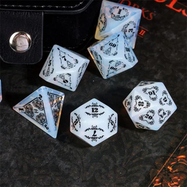 Skulls on White Opalite Gemstone - 7pcs RPG Dice Set