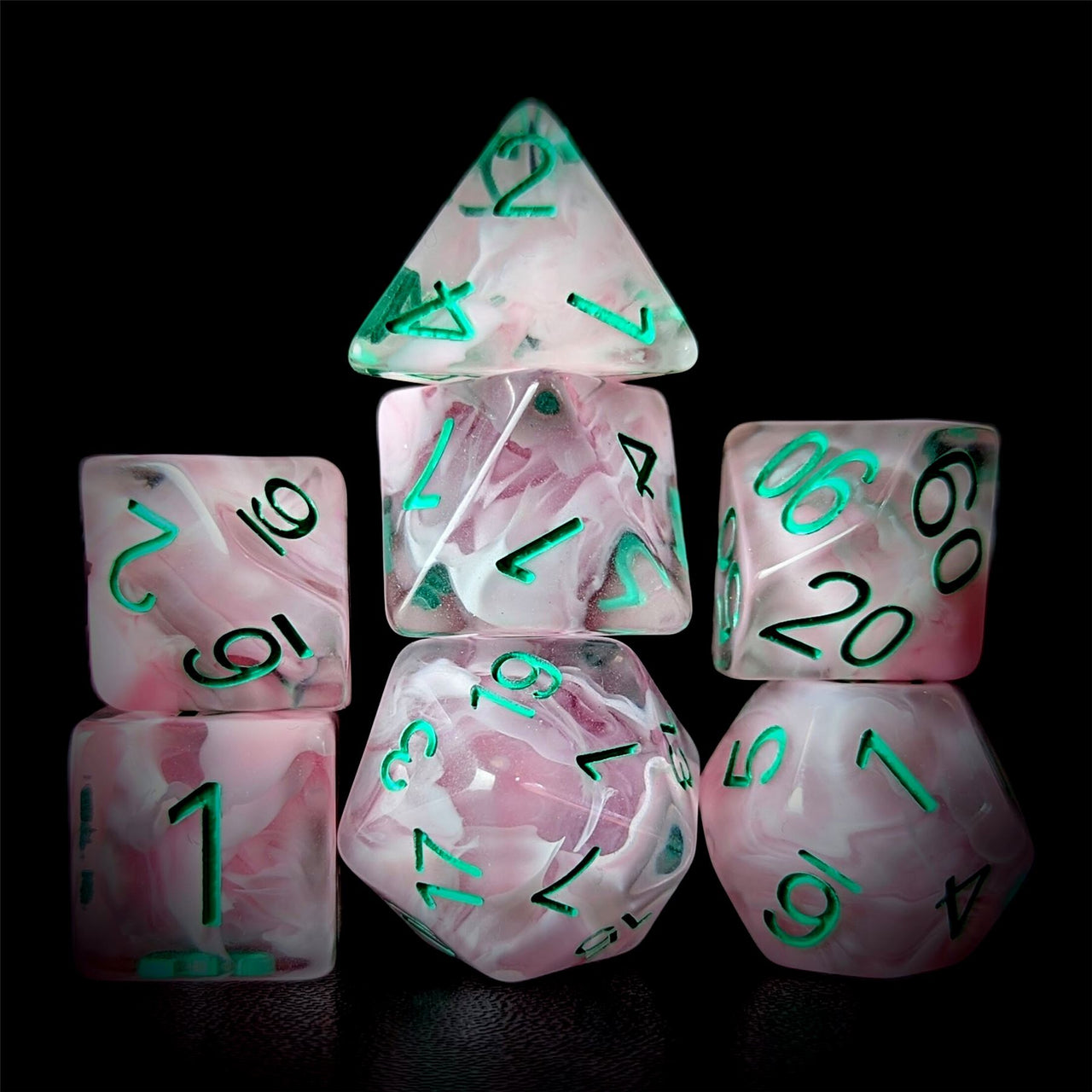 Pink Swirl in Clear Resin - 7pcs RPG Full Dice Set