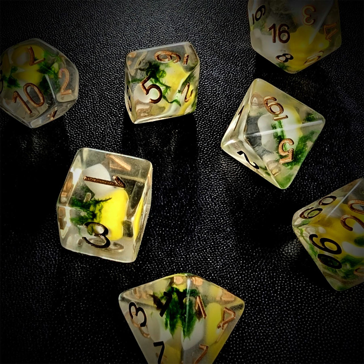 Yellow Mushroom in Clear Resin - 7pcs RPG Full Dice Set