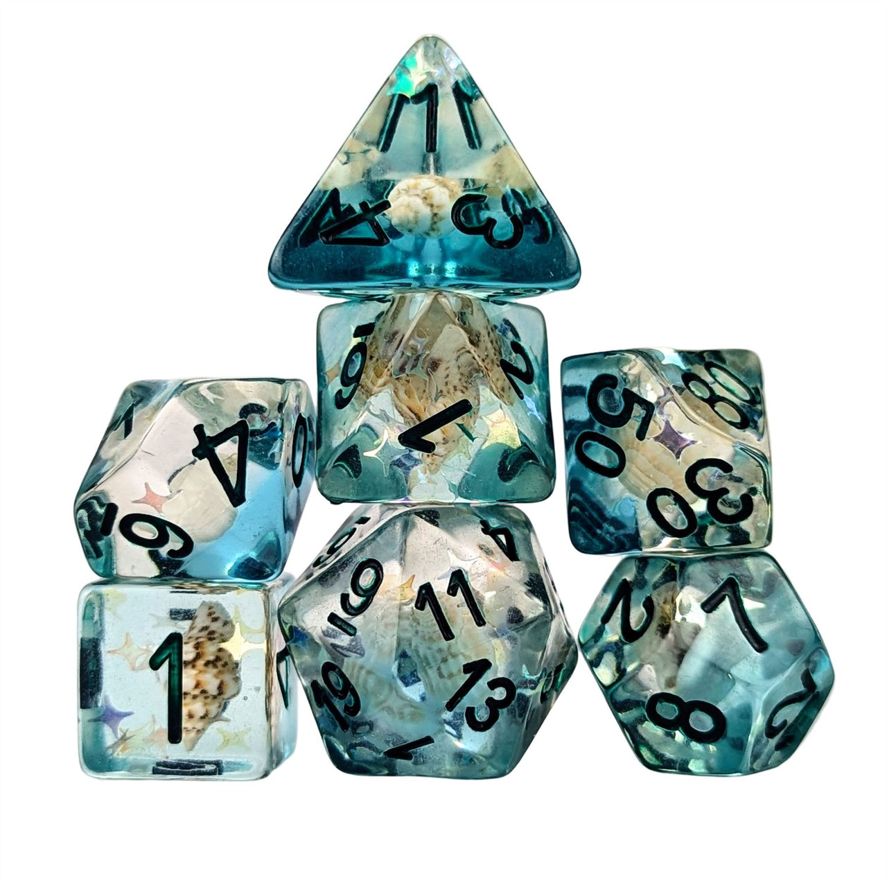 Shell in Clear & Blue Resin - 7pcs RPG Full Dice Set