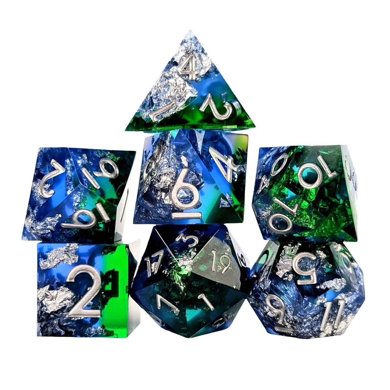 7pcs Dice Sharp Filled Silver Font Foil Green Blue