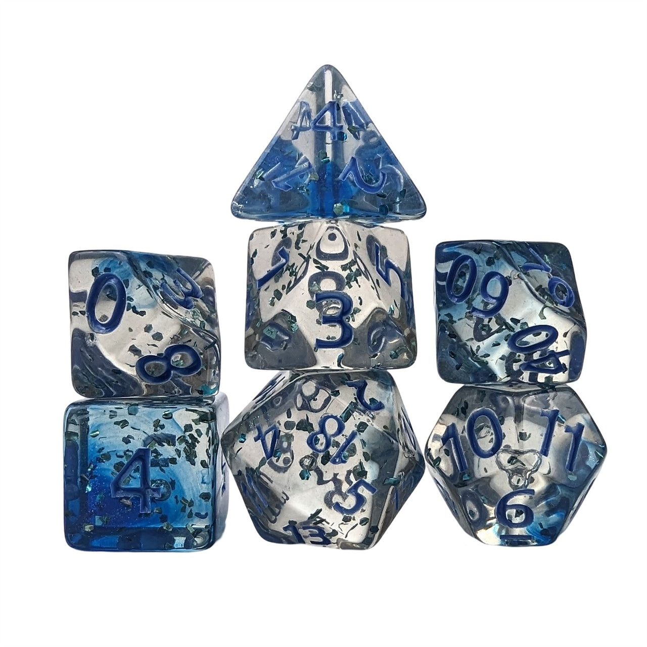 Glitter in Clear Blue Acrylic - 7pcs RPG Full Dice Set White Stack