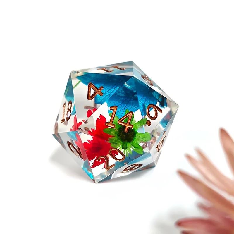 Red, Blue & Green Flowers in Clear Filled Sharp Resin - 7pcs RPG Dice Set