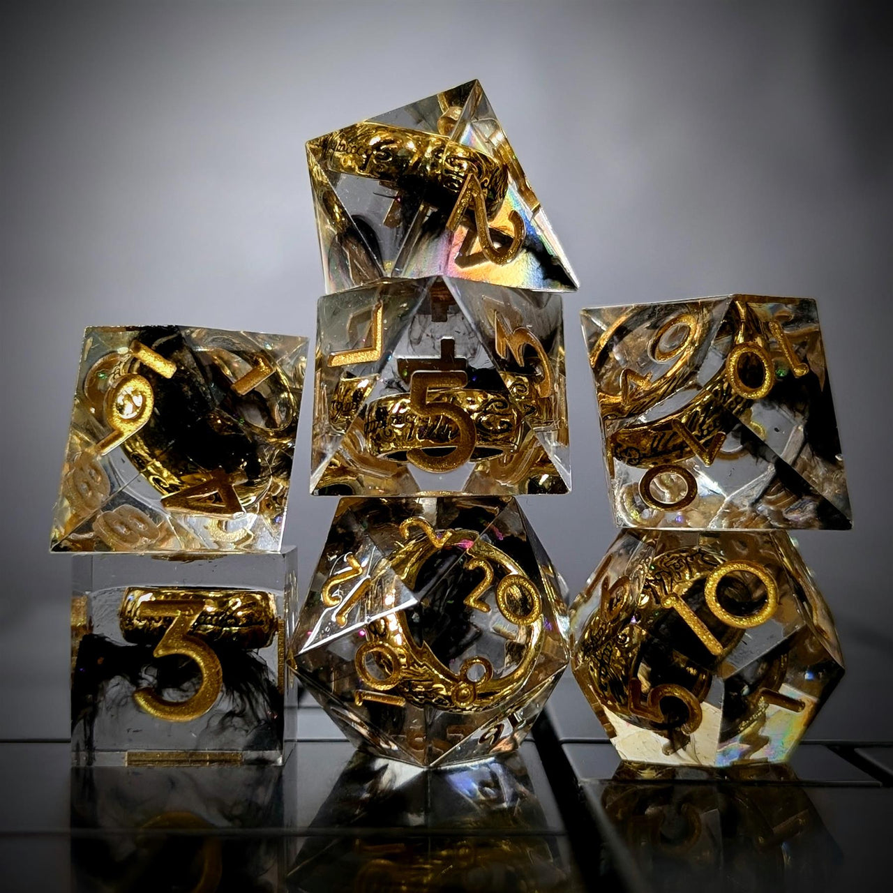 Gold Ring in Black & Clear Filled Sharp Resin - 7pcs RPG Dice Set