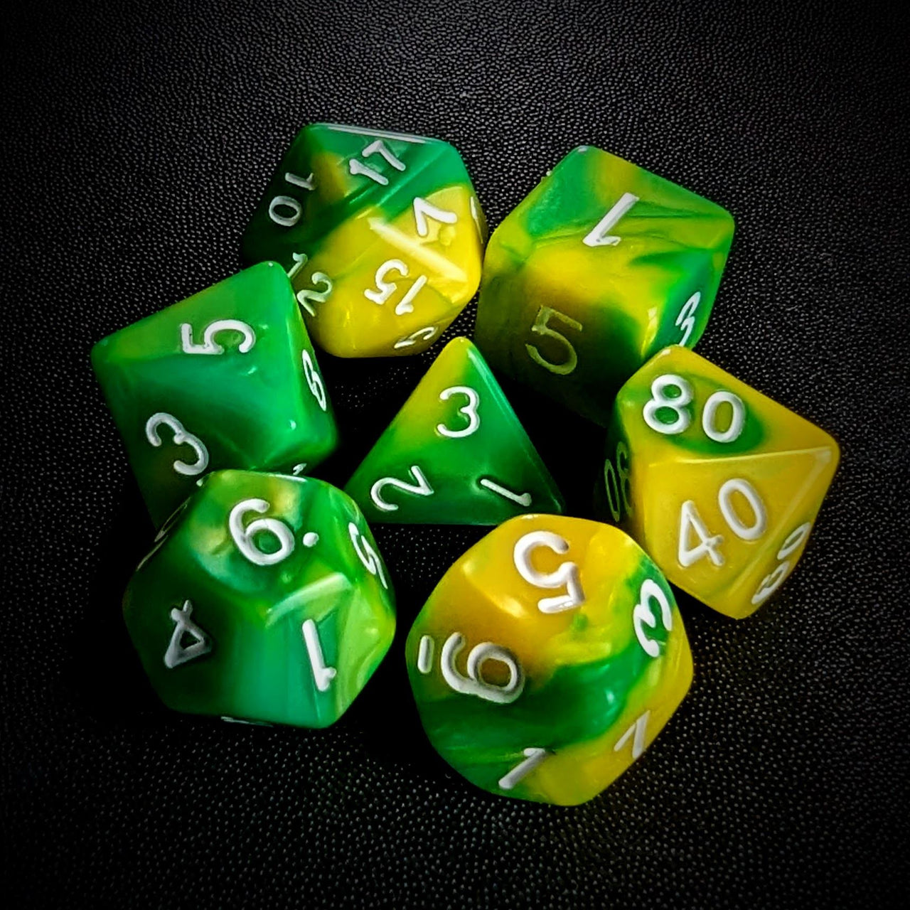 Blend of Green & Yellow Acrylic - 7pcs RPG Full Dice Set Top