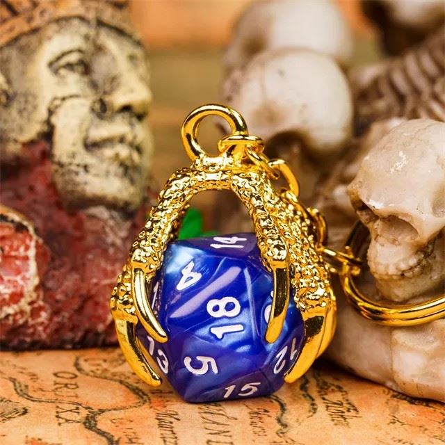 Blue & Gold Acrylic in Metal Claw - D20 Keyring