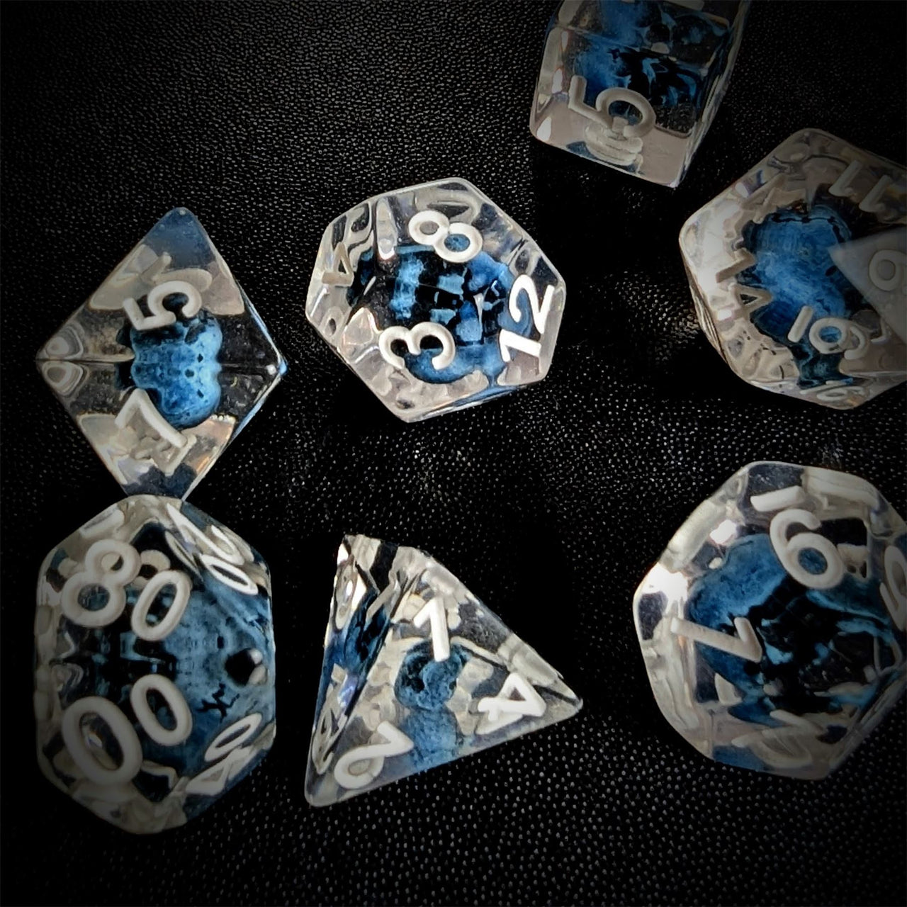 Blue Skull in Clear Resin - 7pcs RPG Full Dice Set