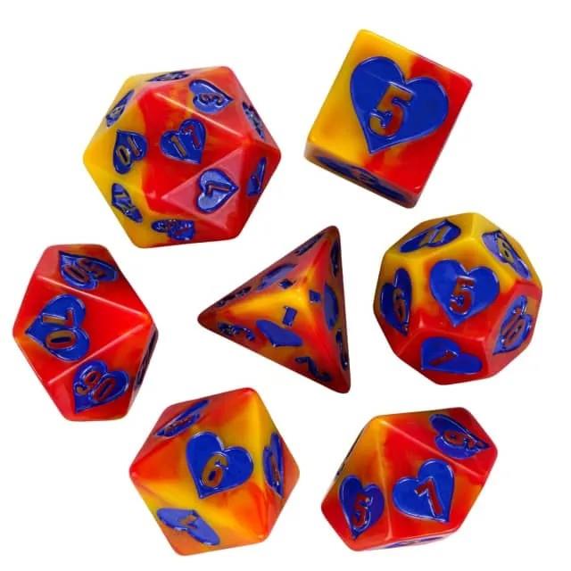7pcs Dice Resin Pattern Hearts Purple Font Yellow Red