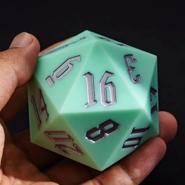 D20 55mm Dice Silicone Solid Silver Font Mint Green