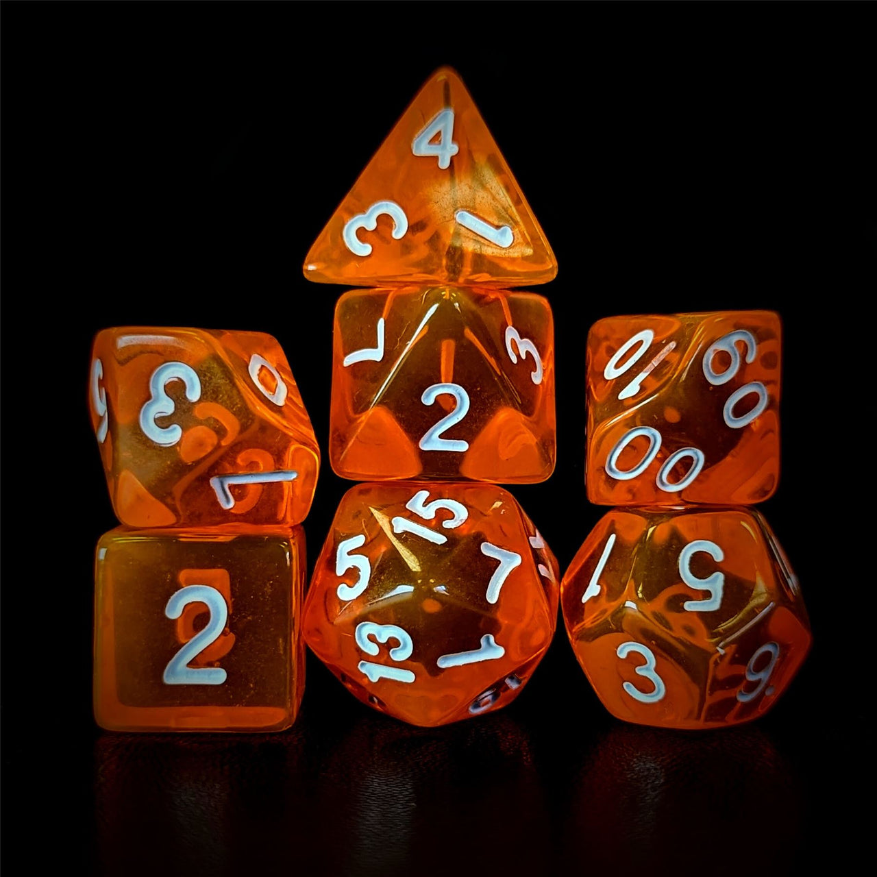 Clear Orange Acrylic - 7pcs RPG Full Dice Set Dark Stack